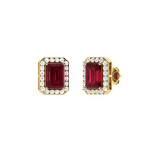 Load image into Gallery viewer, 1.75Ct Emerald Cut Ruby With 0.22Ct Diamond Halo Earrings in 14k Gold
