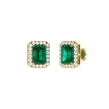 Load image into Gallery viewer, 0.60Ct Emerald Cut Emerald With 0.22Ct Diamond Halo Earrings in 14k Gold
