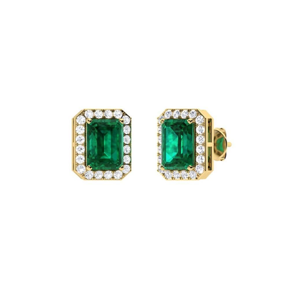 0.60Ct Emerald Cut Emerald With 0.22Ct Diamond Halo Earrings in 14k Gold