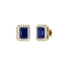 Load image into Gallery viewer, 1.90Ct Emerald Cut Sapphire With 0.17Ct Diamond Halo Earrings in 14k Gold
