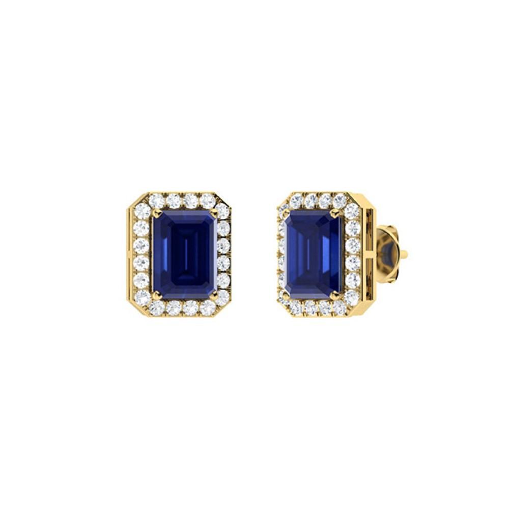 1.90Ct Emerald Cut Sapphire With 0.17Ct Diamond Halo Earrings in 14k Gold