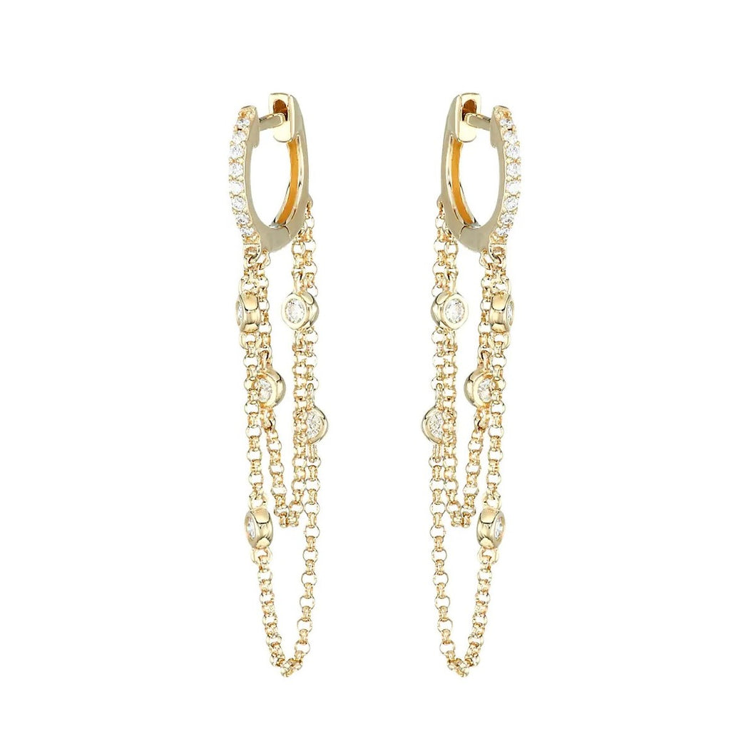 14K Gold & 1ct Diamond Chain Drop Huggie Hoop Earrings