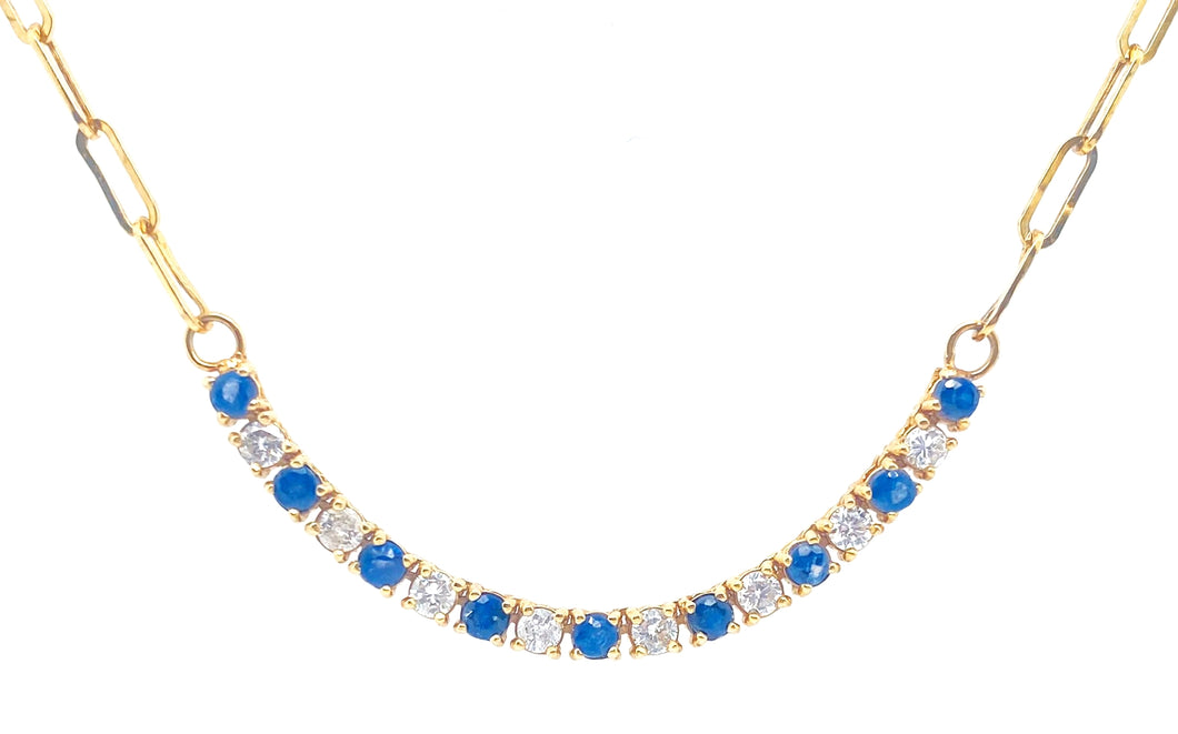 Necklace 14kt Gold Paper Clip Chain & Blue Sapphires-Diamond