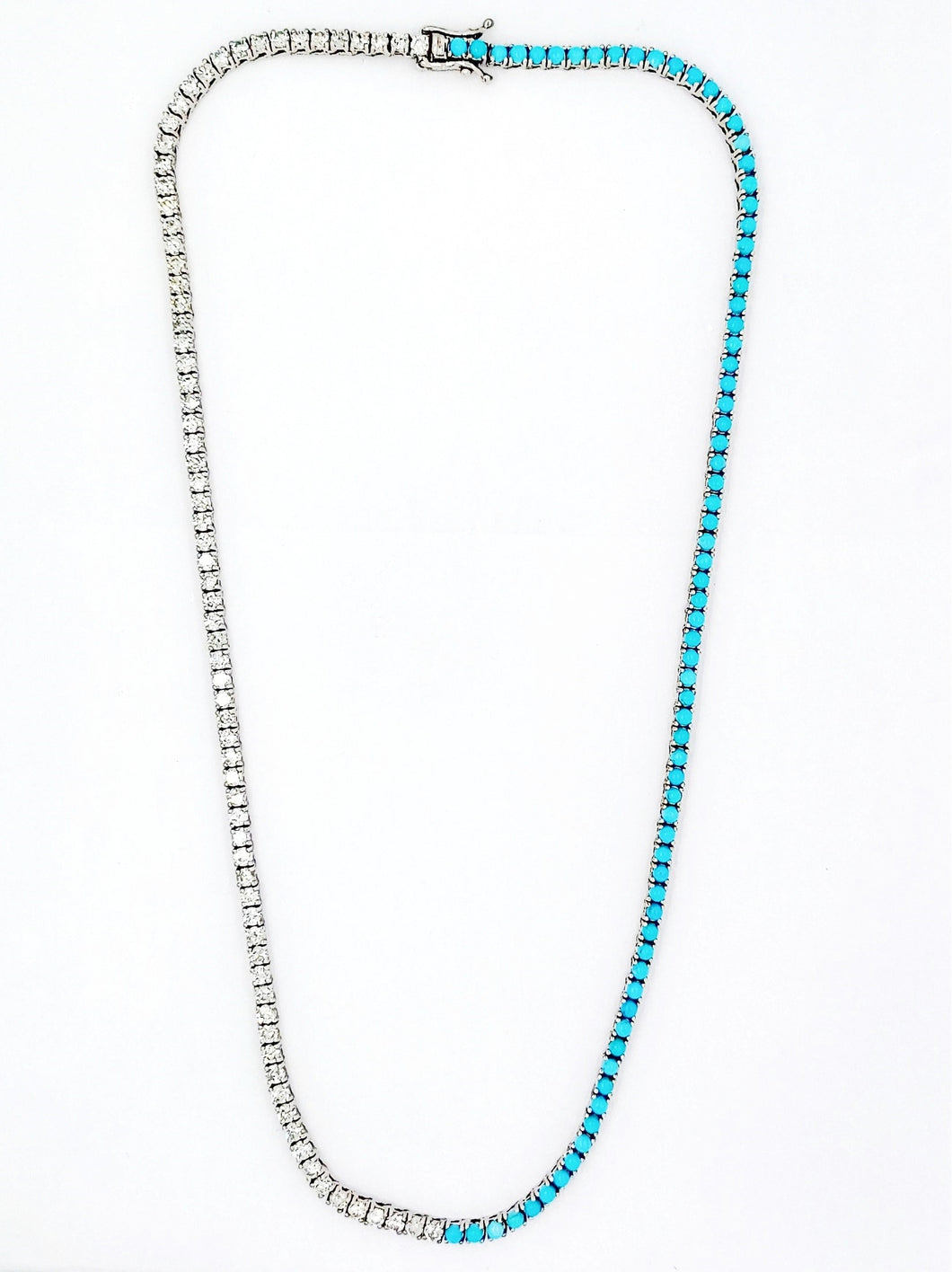 4.95 Ct Diamond 4.3 Ct Turquoise Tennis Necklace in 14K Gold
