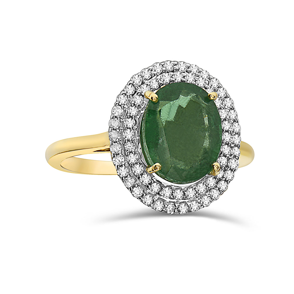 14K Gold 2.5Ct Oval Cut Zambian Green Emerald White Diamond Double Halo Ring